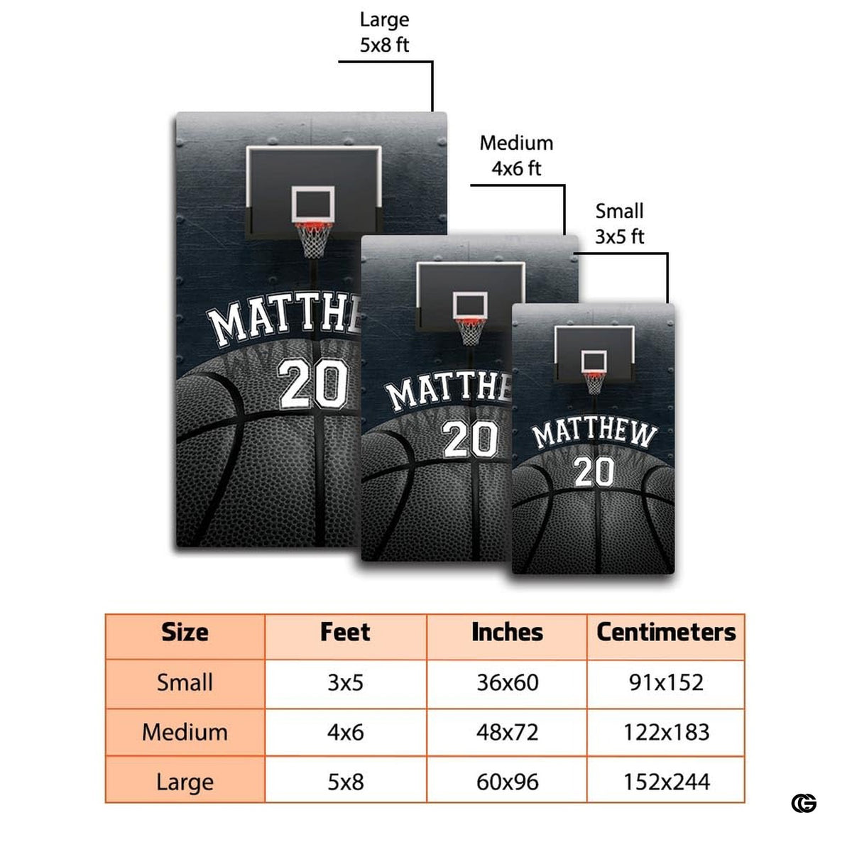 Overhead perspective of basketball print area rug with collegiate typography and dark wooden background. - image 2 of 7