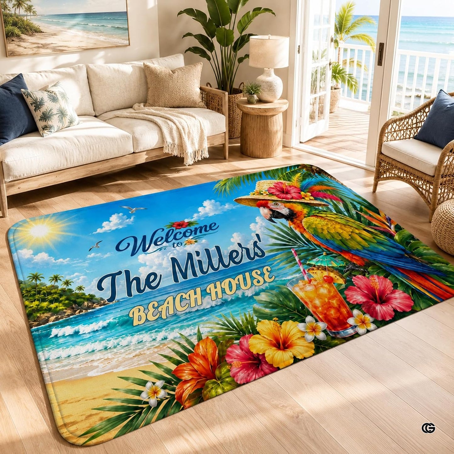 Personalized Tropical Beach Rug, Custom Family Name Tropical Outdoor Rug, Flamingo Surfboard Ocean Area Rug for Living Room, Patio, Beach House Decor, Design 04