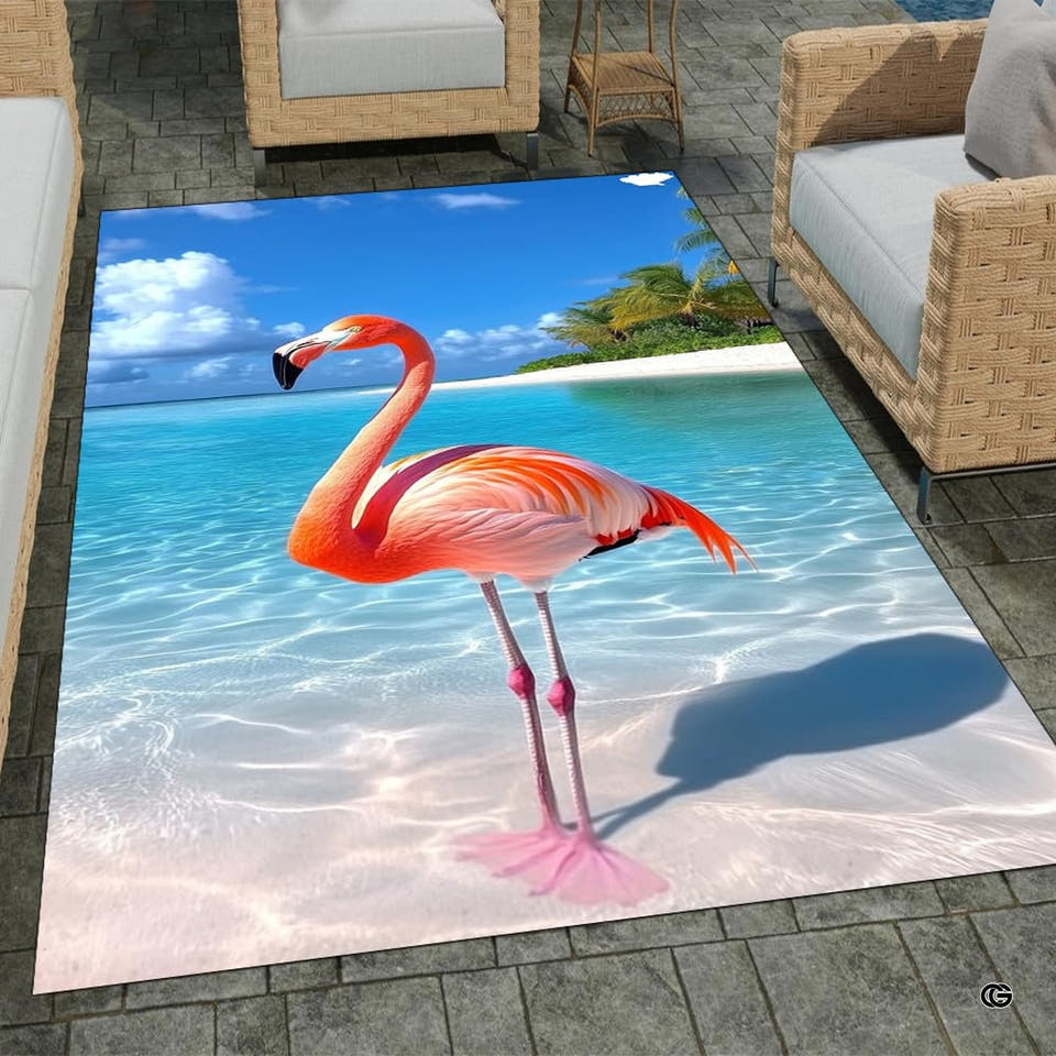 Tropical beach rug featuring a pink flamingo standing in shallow turquoise ocean water with palm trees.