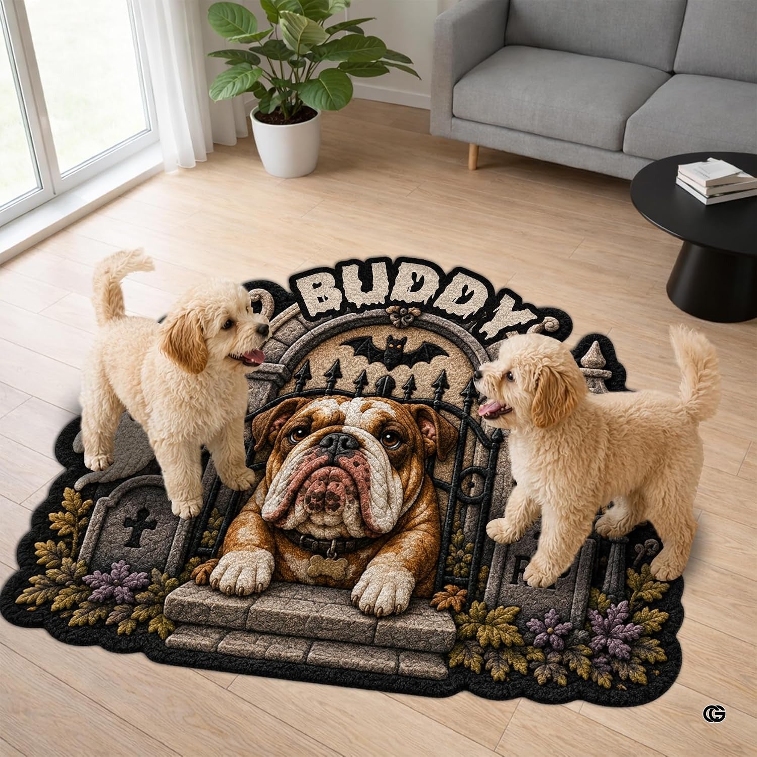 Custom Dog Photo Rug, Personalized Pet Portrait Area Mat Non Slip Indoor Door Rug for Dog Lovers, Welcome Home Decor Halloween (Spooky Graveyard Gate)