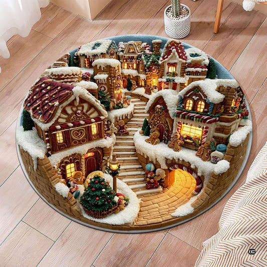 Gingerbread house rug indoor display showcasing snowy cottages and candy trees in a round area rug format.
