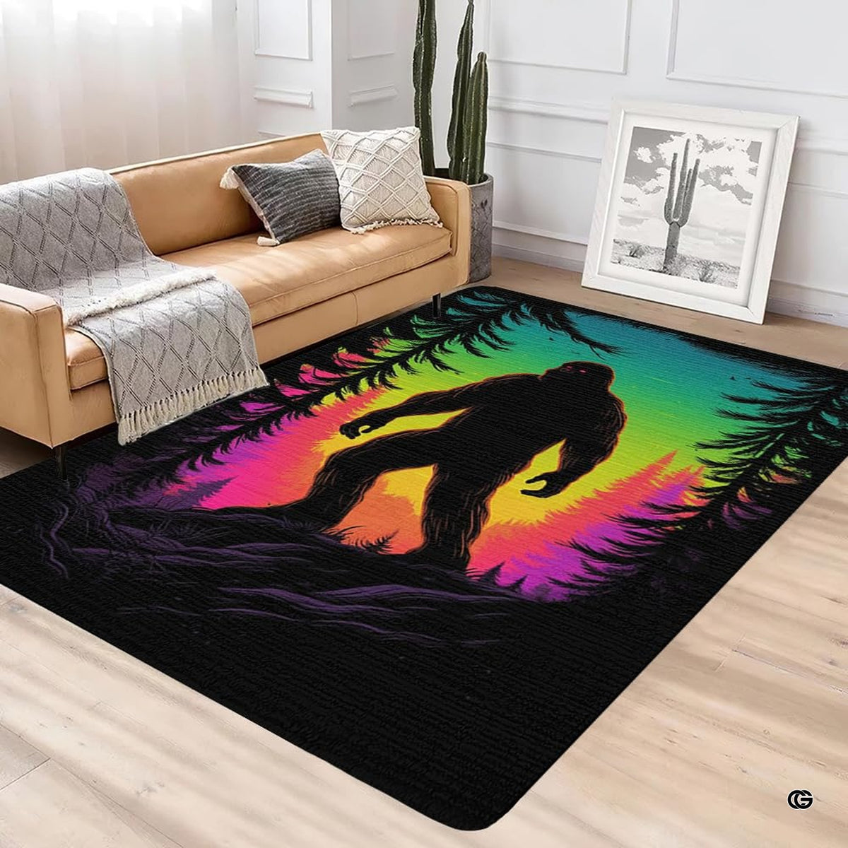 Sasquatch silhouette location artwork on a decorative beach floor rug accent for interior styling. - image 2 of 5