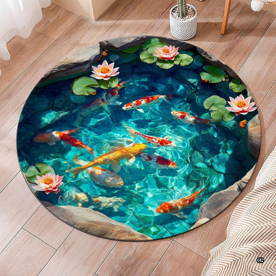 Zen koi pond water lilies illusion round area rug positioned on wooden flooring near a potted cactus.