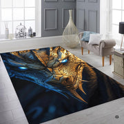 Vibrant cyan dragon eyes and chiseled metallic scale patterns highlighted on statement floor decor. - thumbnail image 6 of 7
