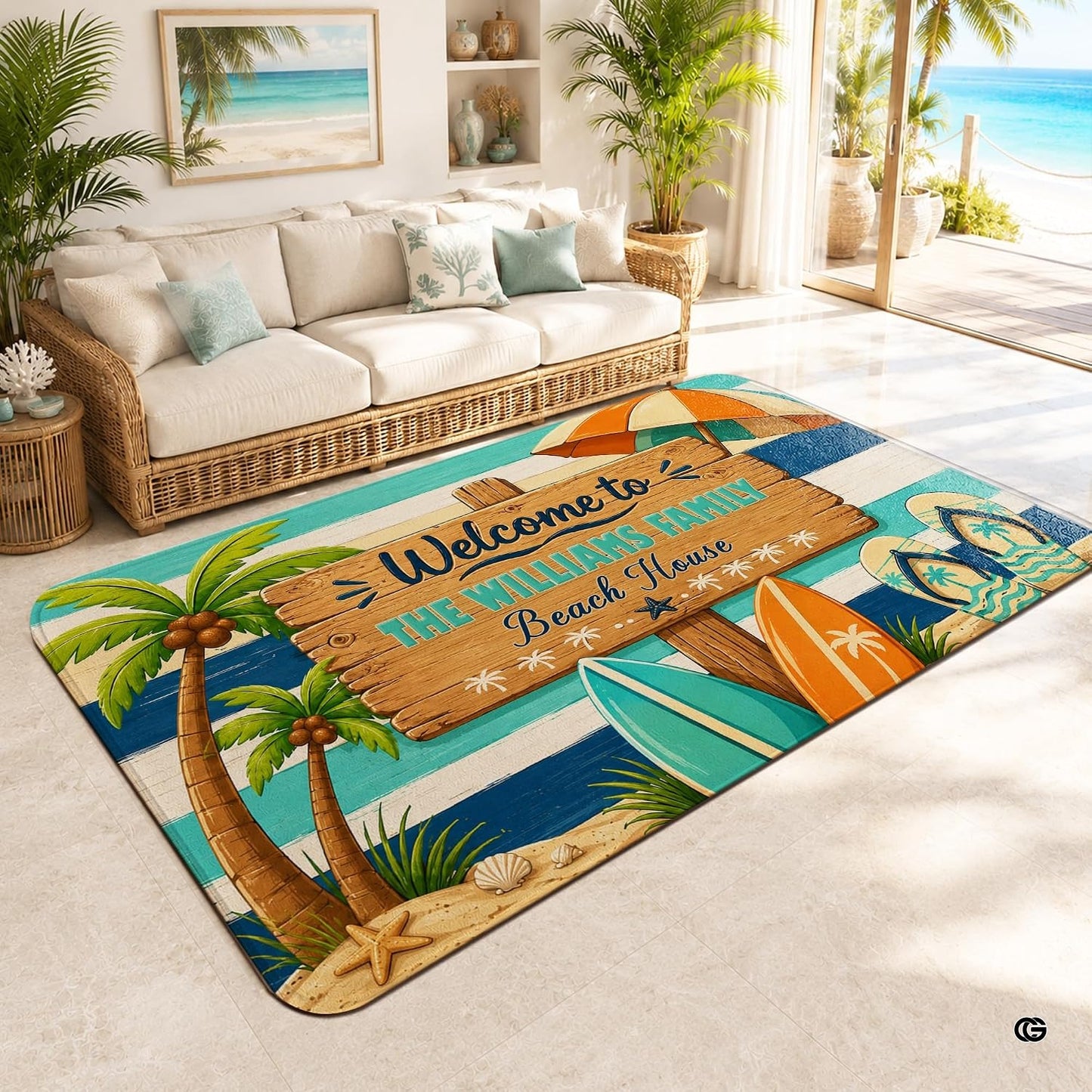 Personalized Tropical Beach Rug, Custom Family Name Tropical Outdoor Rug, Flamingo Surfboard Ocean Area Rug for Living Room, Patio, Beach House Decor, Design 05