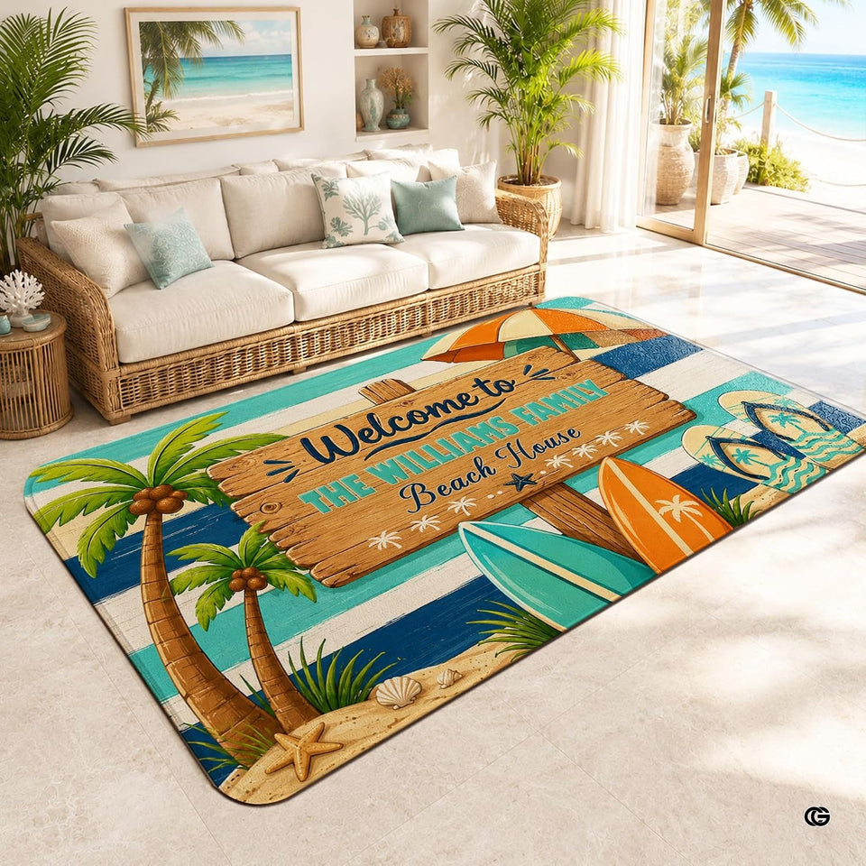 Personalized Tropical Beach Rug, Custom Family Name Tropical Outdoor Rug, Flamingo Surfboard Ocean Area Rug for Living Room, Patio, Beach House Decor, Design 05