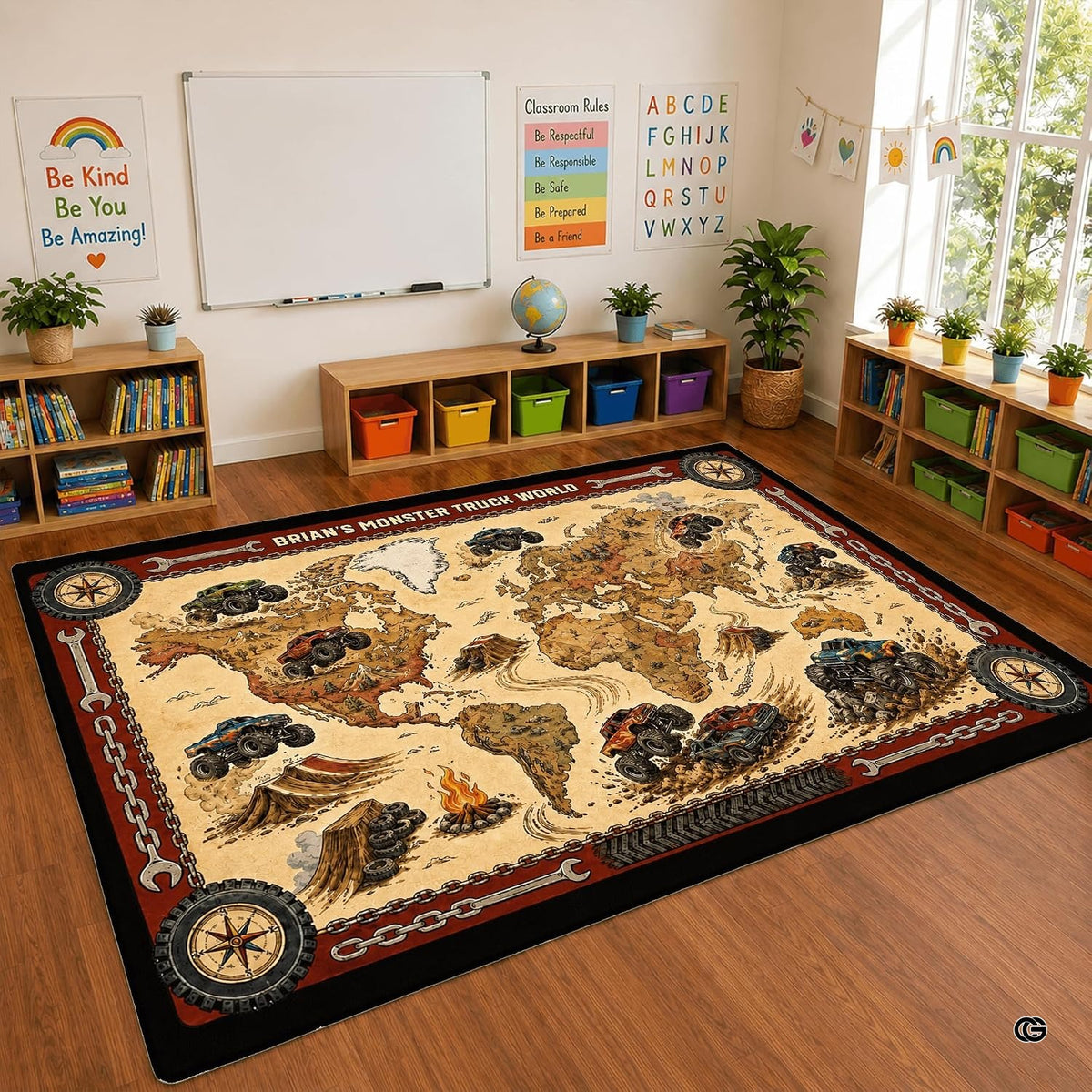 Vintage thematic accent map thematic accent thematic accent classroom area rug displayed on an open play floor.