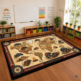 Vintage thematic accent map thematic accent thematic accent classroom area rug displayed on an open play floor.