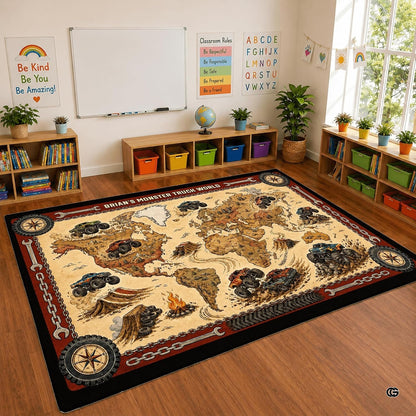 Vintage thematic accent map thematic accent thematic accent classroom area rug displayed on an open play floor. - thumbnail image 1 of 8