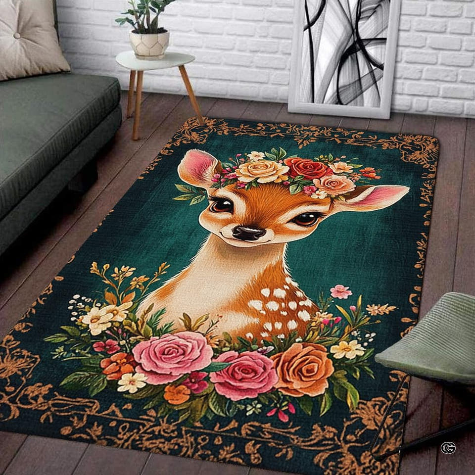 Living room seating setup featuring the floral crown baby deer fawn emerald green area rug