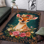 Living room seating setup featuring the floral crown baby deer fawn emerald green area rug - thumbnail image 1 of 5