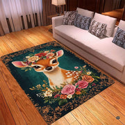 Mockup display showing the floral baby fawn rug placed in front of room furnishings - thumbnail image 2 of 5