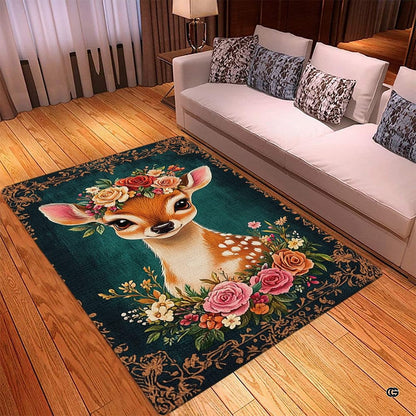 Mockup display showing the floral baby fawn rug placed in front of room furnishings - thumbnail image 2 of 5