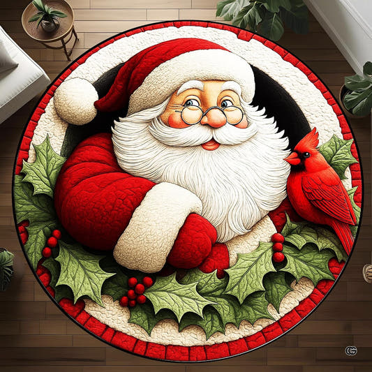 Round Santa and cardinal rug with holly leaves, berries, and red cream border