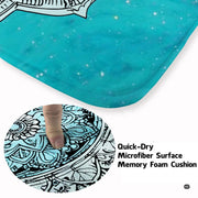 Close detail of intricate black line mandala artwork on turquoise background with gold speckle accents - thumbnail image 3 of 8