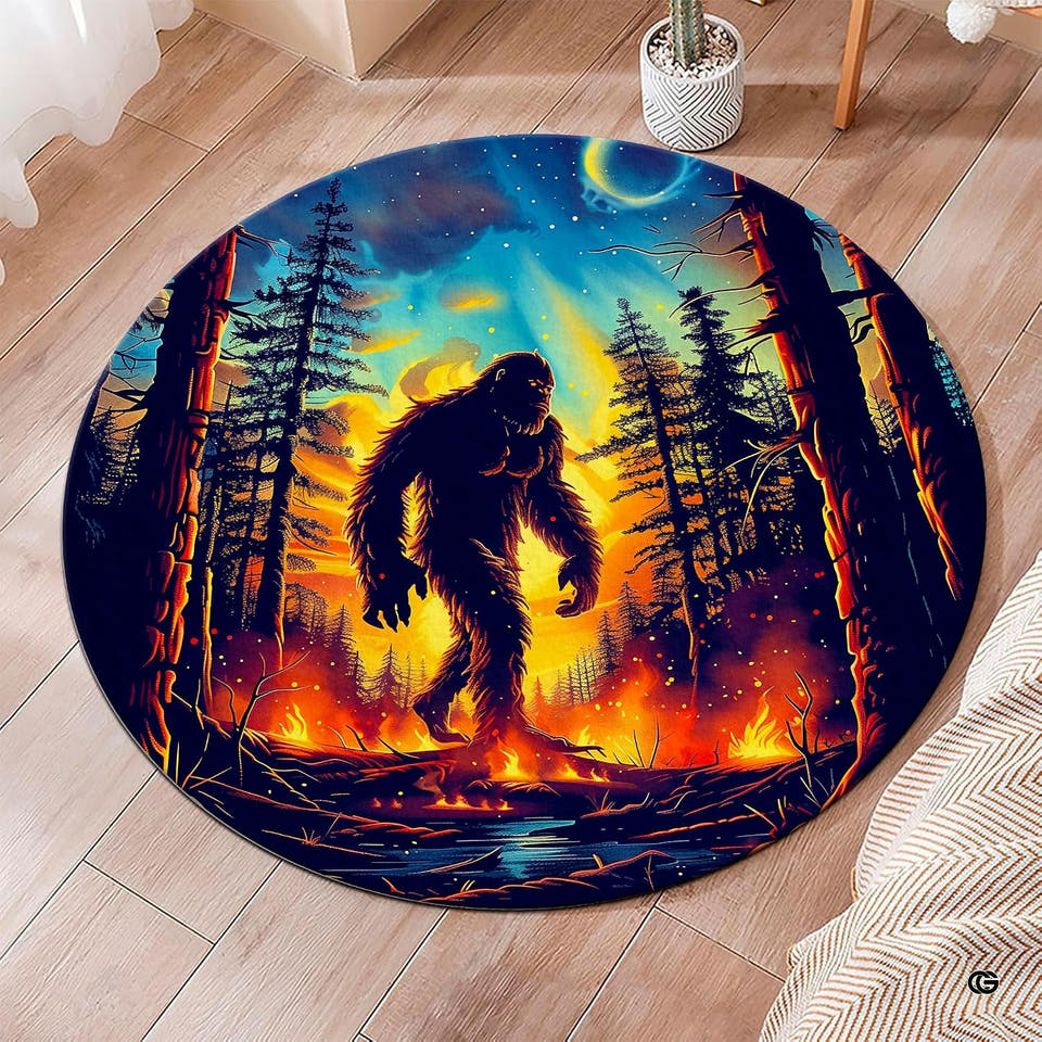 Round bigfoot rug showing Sasquatch walking through glowing woods under a crescent moon.