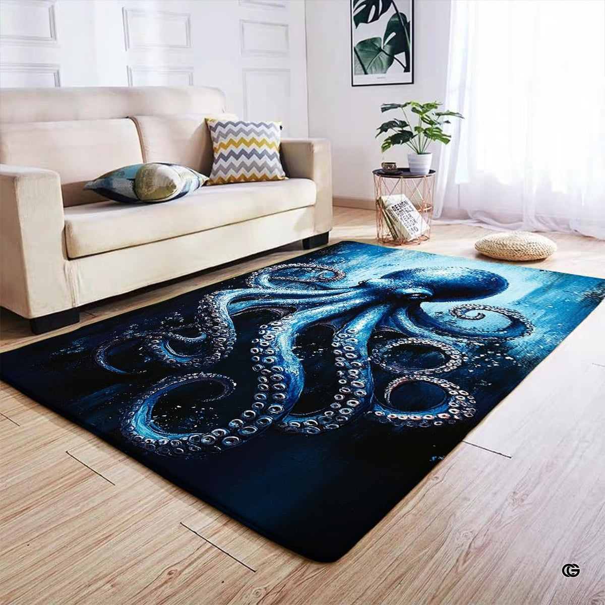 Kraken octopus area rug displayed beside living room couch and side table.