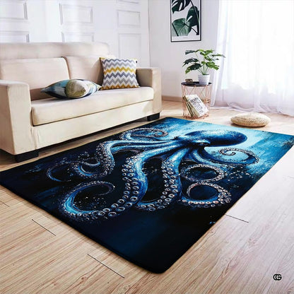 Kraken octopus area rug displayed beside living room couch and side table. - thumbnail image 7 of 7