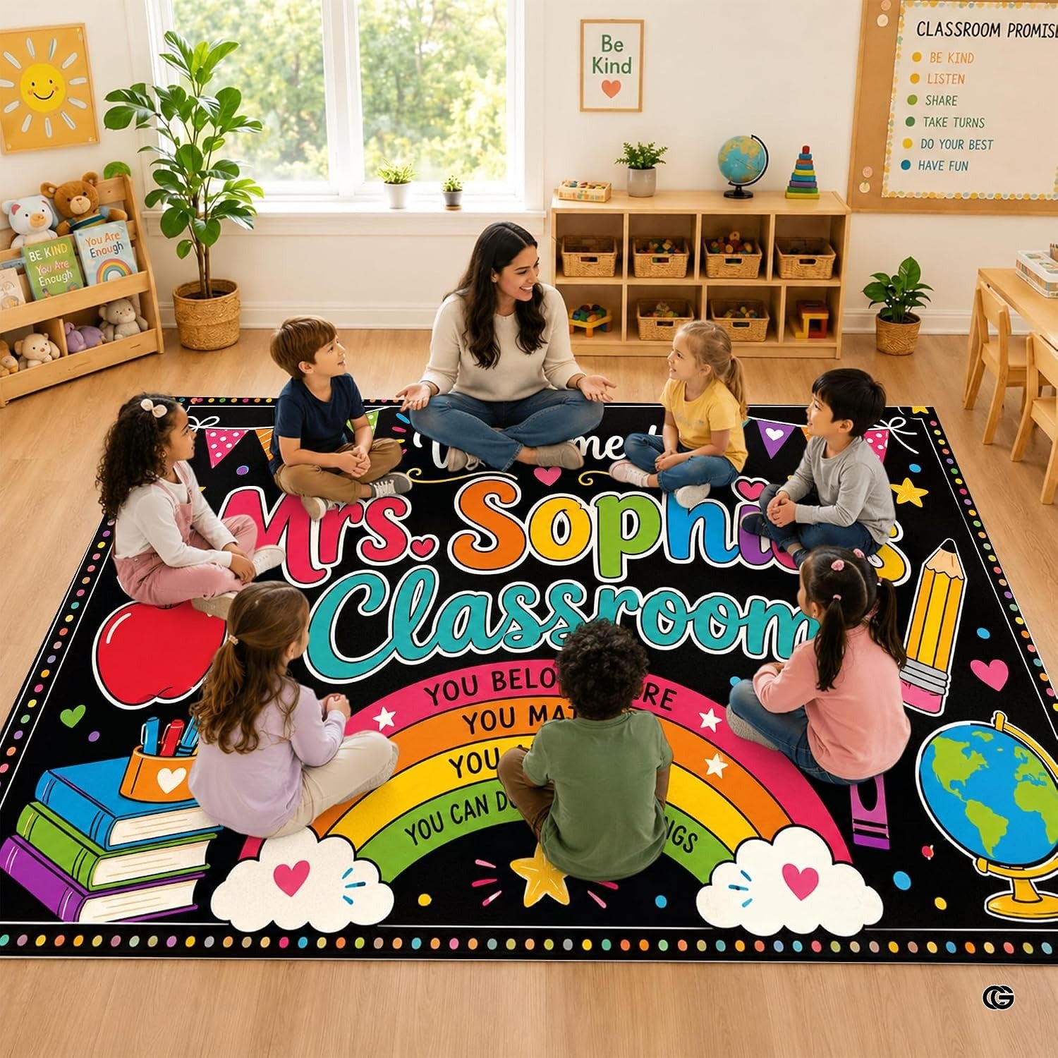 Personalized Teacher Classroom Rug, Custom Back to School Welcome Mat with Name, Kindergarten Preschool Elementary Decor, Composition Notebook Carpet (A10)