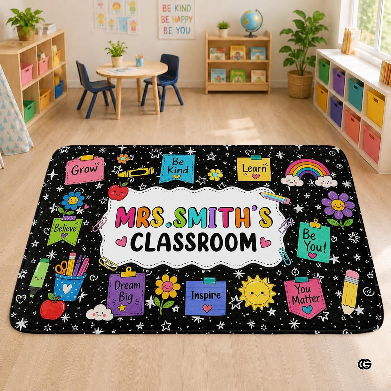 Personalized Teacher Classroom Rug, Custom Back to School Welcome Mat with Name, Kindergarten Preschool Elementary Decor, Composition Notebook Carpet (A04)