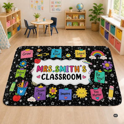 Personalized Teacher Classroom Rug, Custom Back to School Welcome Mat with Name, Kindergarten Preschool Elementary Decor, Composition Notebook Carpet (A04)