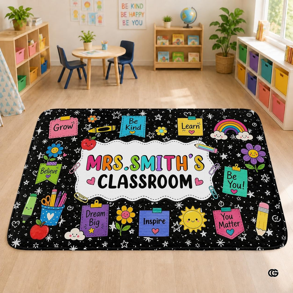 Personalized Teacher Classroom Rug, Custom Back to School Welcome Mat with Name, Kindergarten Preschool Elementary Decor, Composition Notebook Carpet (A04)