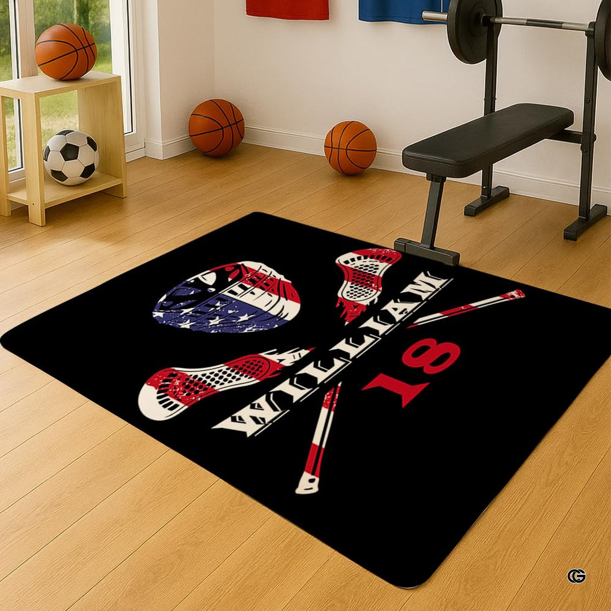 Lounge setting with person relaxing near the patriotic lacrosse sports rug