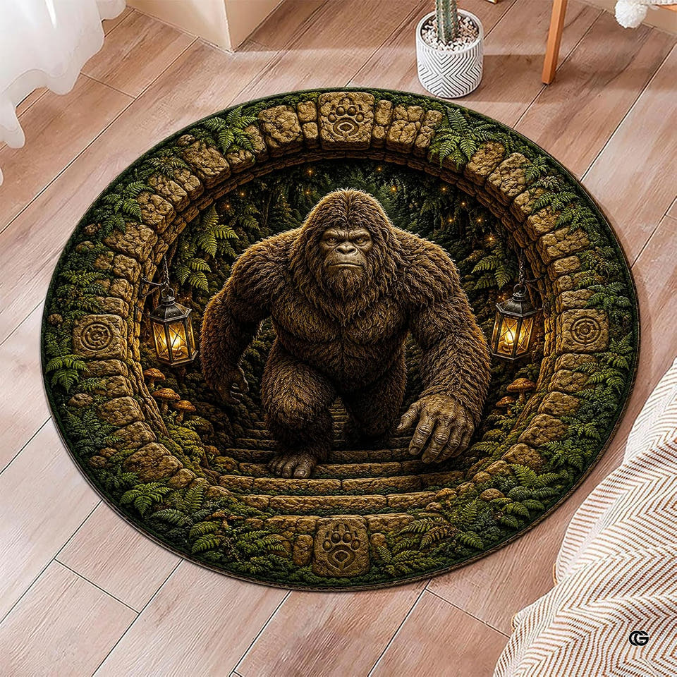 3D Bigfoot ancient stone tunnel staircase circular area rug in primary perspective