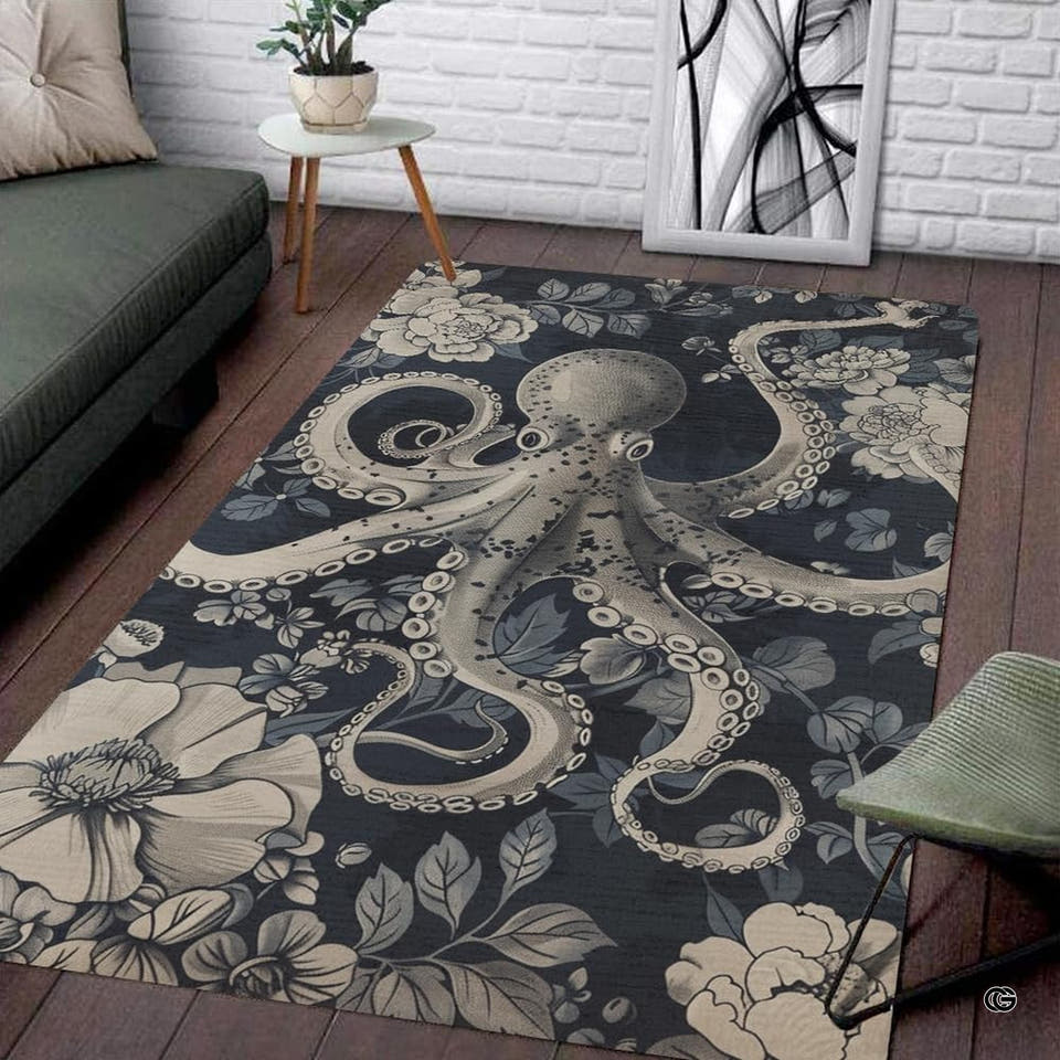 Living room corner view showing the rectangular monochrome botanical octopus area rug on dark wood floor.