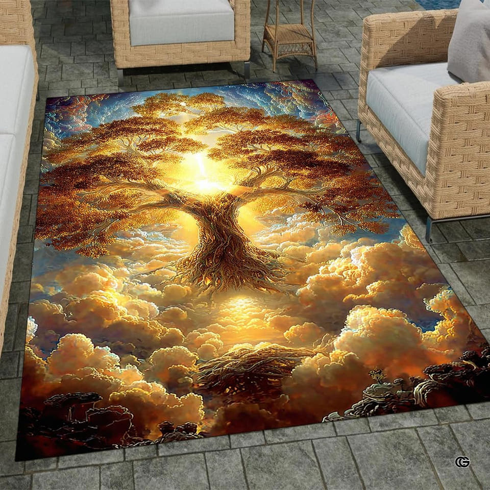 Luminous golden tree area rug centered in a bright sunlit sitting room.