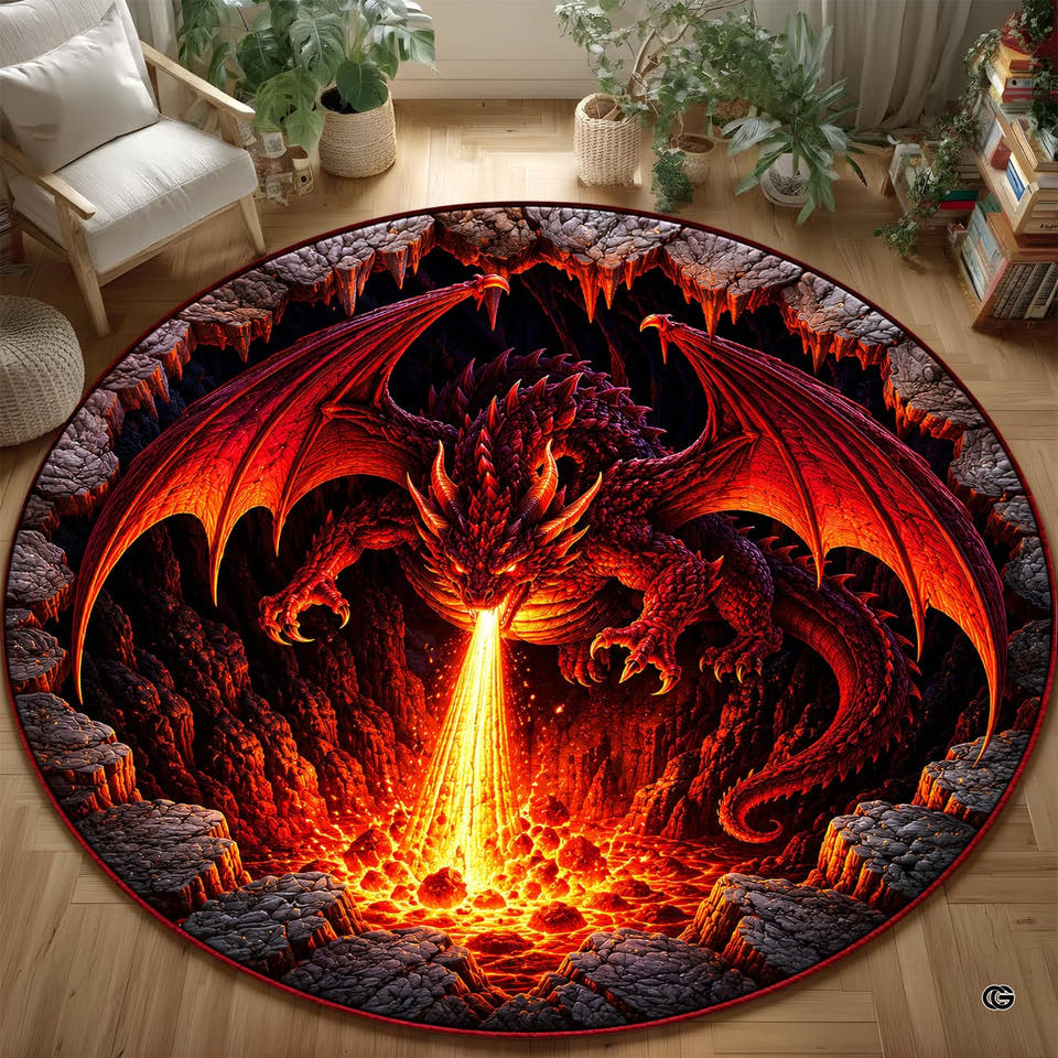 Round fire dragon rug breathing flame into a lava pool