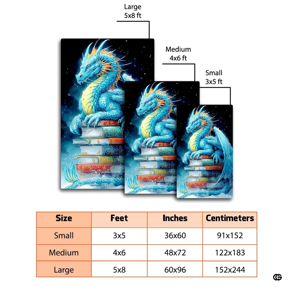 Majestic azure cyan blue dragon with golden horns resting on a tall stack of vintage leather-bound books area rug.