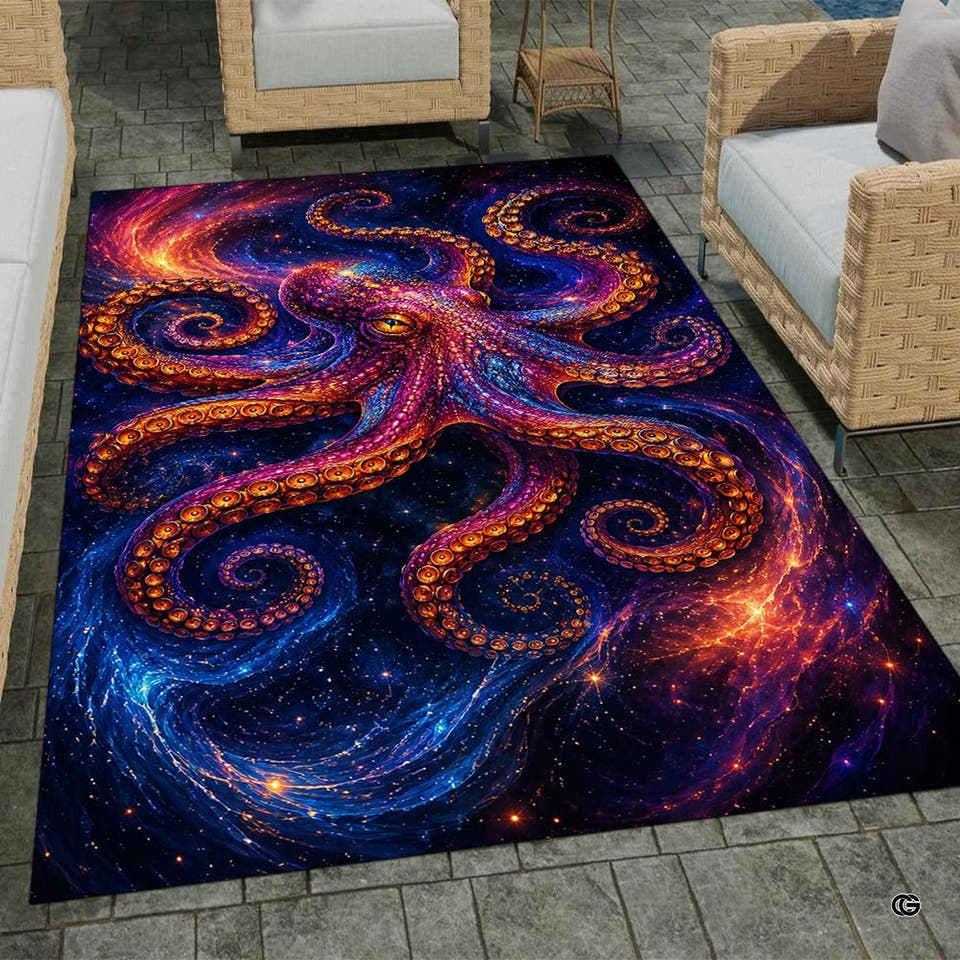 Solar nebula fire octopus cosmic area rug in primary perspective