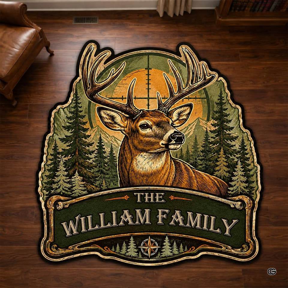 Top-down view of rustic whitetail buck area rug on dark timber floor displaying stag and forest artwork