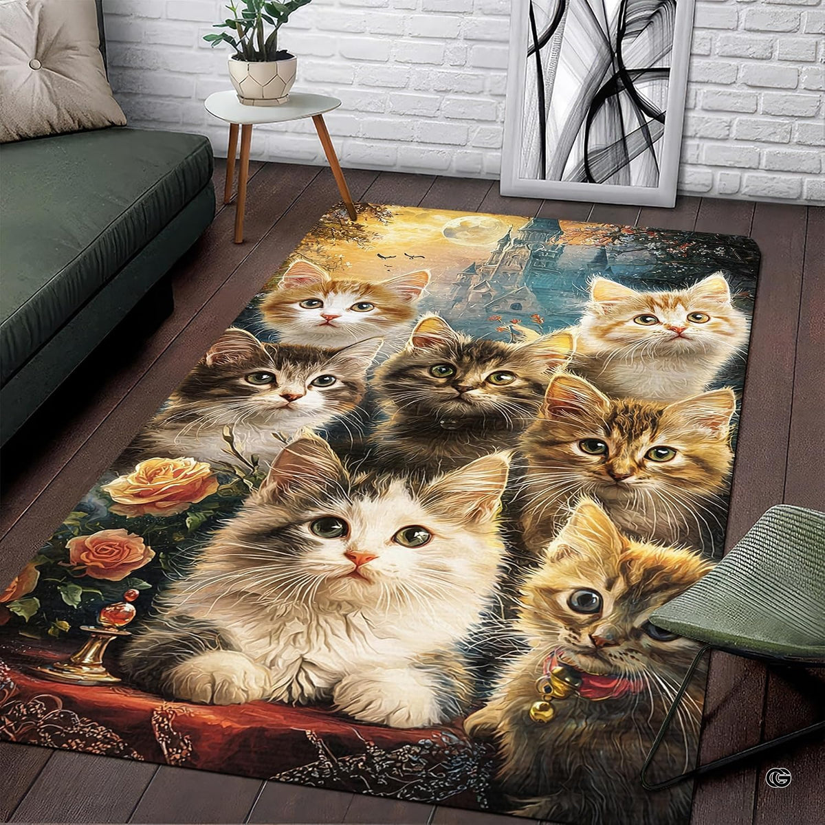 Living room seating setup featuring the fluffy kittens fairy tale castle moon area rug