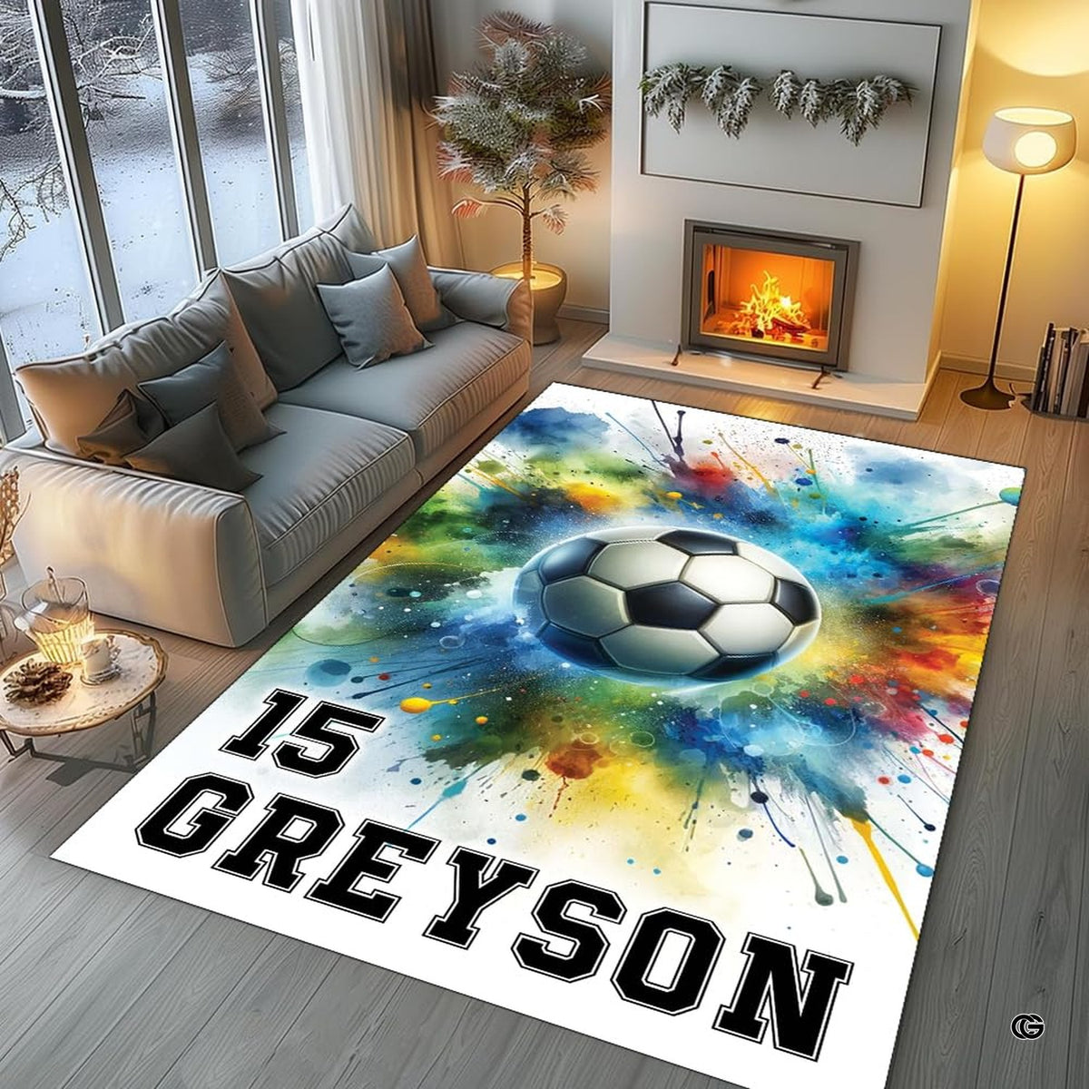 High-contrast dynamic soccer art rug showcasing brilliant teal, yellow, and red watercolor accents.