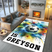 High-contrast dynamic soccer art rug showcasing brilliant teal, yellow, and red watercolor accents. - thumbnail image 5 of 8