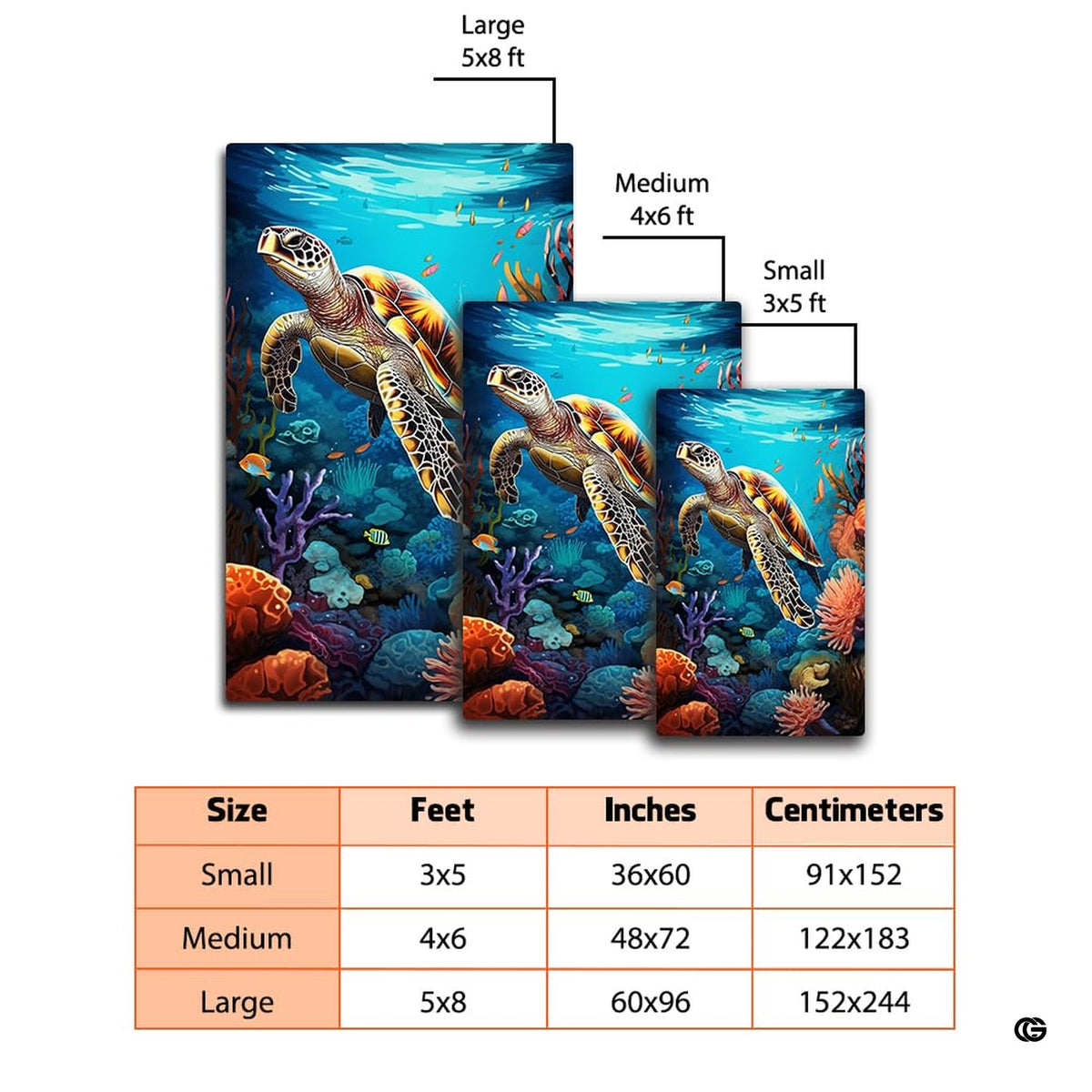 Mockup showing the colorful coral reef sea turtle rug placed near modern living room furniture