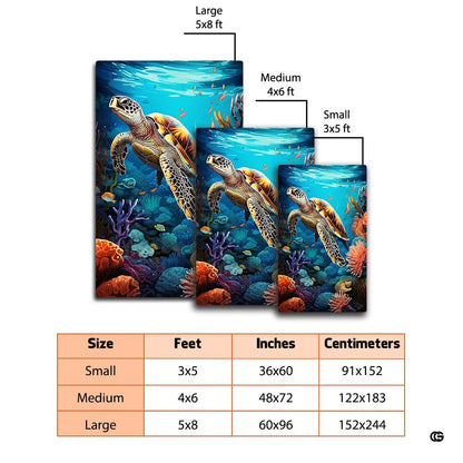 Mockup showing the colorful coral reef sea turtle rug placed near modern living room furniture - thumbnail image 2 of 7