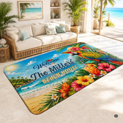 Personalized Tropical Beach Rug, Custom Family Name Tropical Outdoor Rug, Flamingo Surfboard Ocean Area Rug for Living Room, Patio, Beach House Decor, Design 04