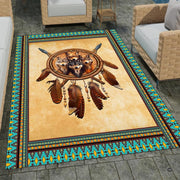 Stone patio setting featuring a native wolf pack dreamcatcher southwest area rug - thumbnail image 1 of 7