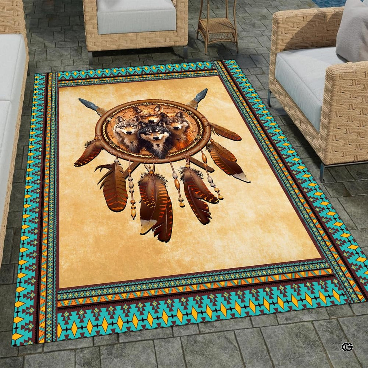 Stone patio setting featuring a native wolf pack dreamcatcher southwest area rug - image 1 of 7