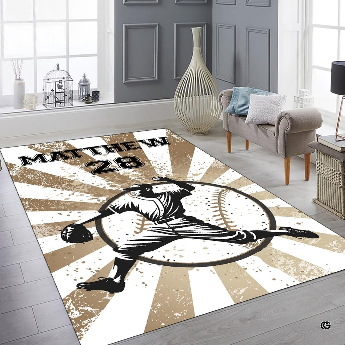 Top down overhead perspective of baseball pitcher silhouette graphics on decorative area rug.