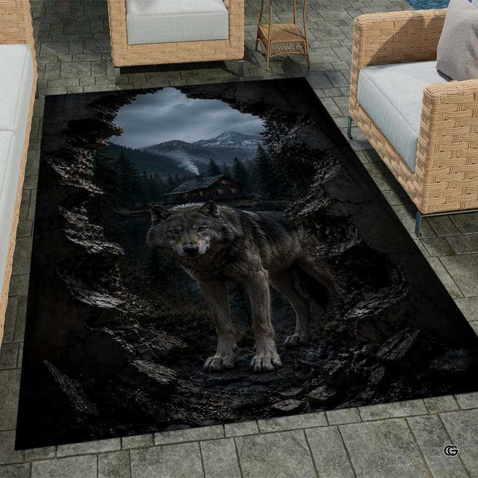 Area rug with a 3D illusion of a wolf standing in a cracked stone portal overlooking a cabin