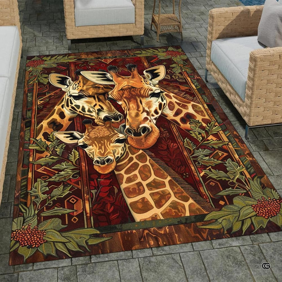 Patio stone lounge with wicker seating displaying the rustic giraffe family area rug