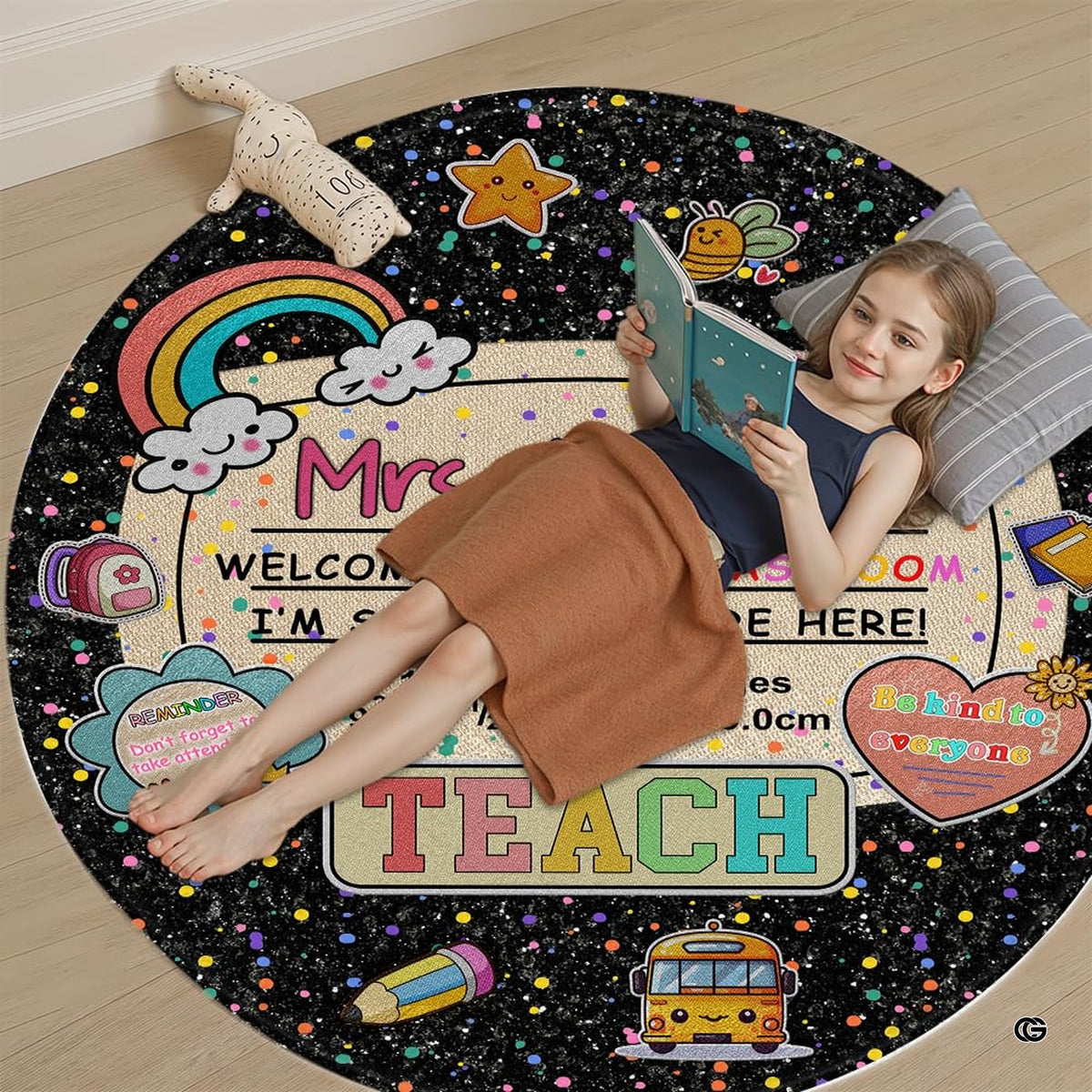 Floor rug styling in a vibrant learning corner with colorful school illustrations.