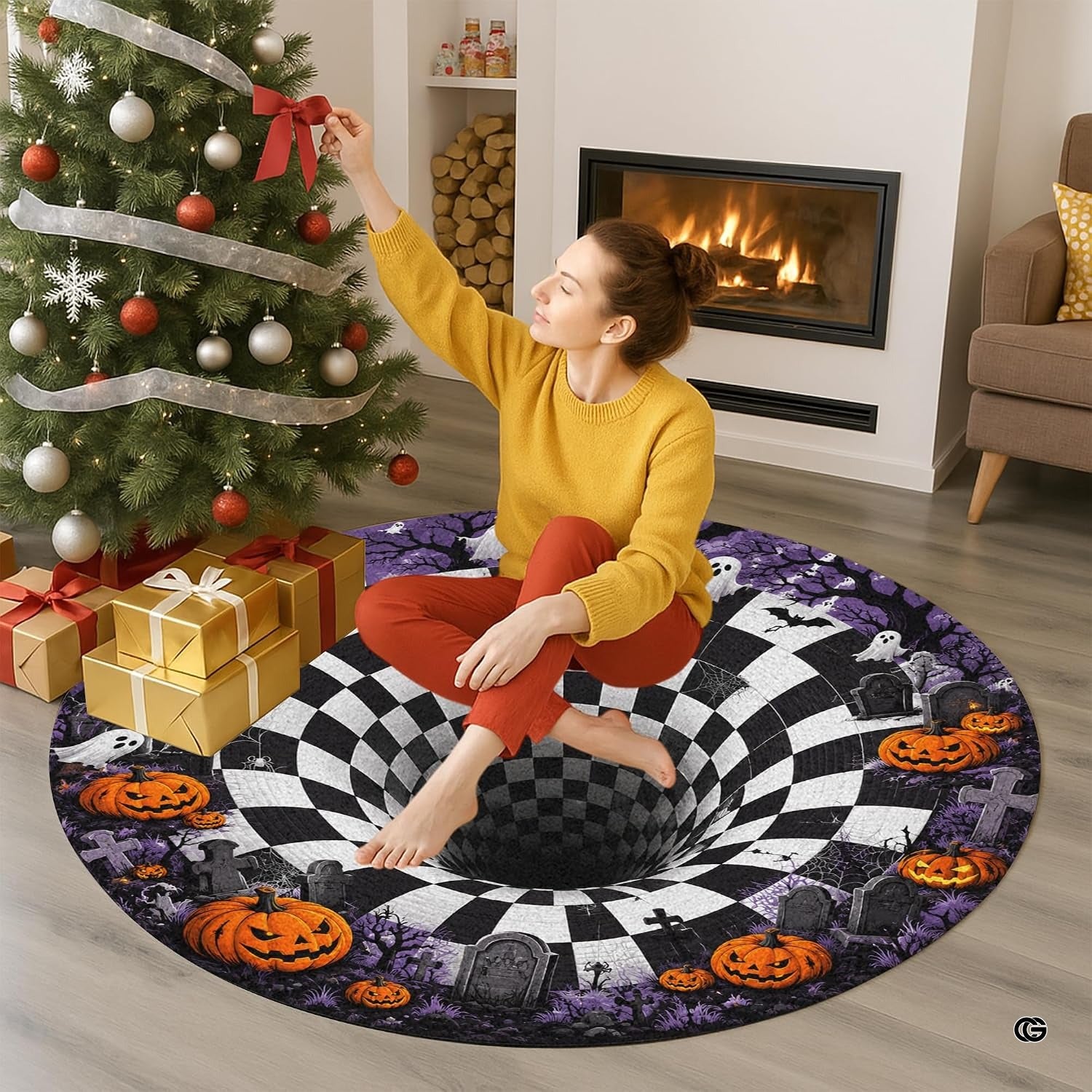 Custom Halloween 3D Optical Illusion Round Rug Skeleton Horror Area Rug (1, #10)