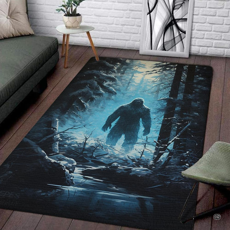 Mysterious Bigfoot silhouette walking through foggy midnight pine trees on a lodge rugby area rug.