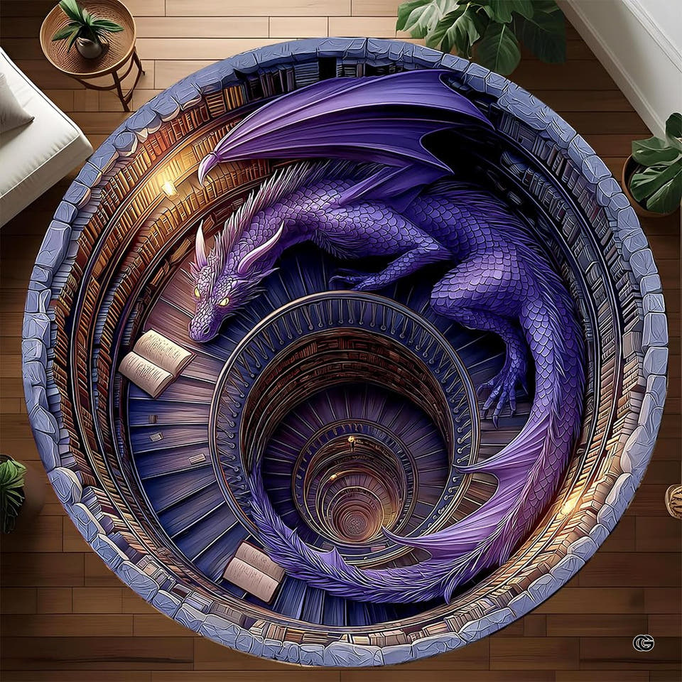 Round Area Rug showing purple dragon coiled on spiral staircase library steps.