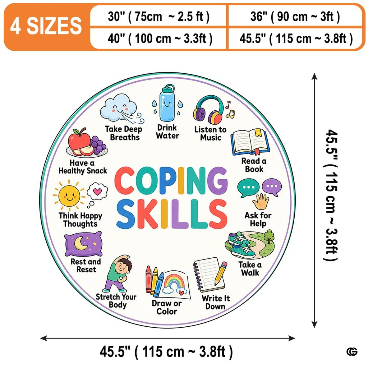 Top view of classroom area rug featuring segmented panels with peaceful breathing and thematic accent reminders.